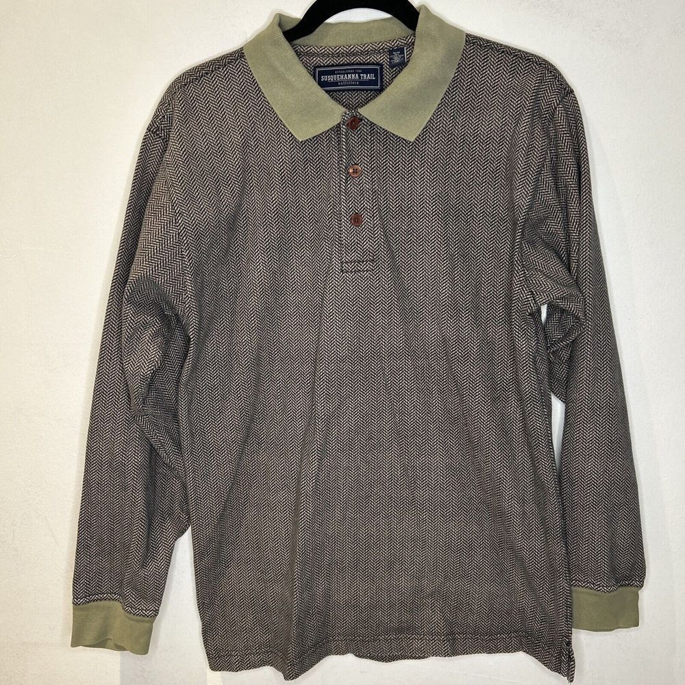 Susquehanna Trail Herringbone Long Sleeve Polo Shirt Gray Sage Green Casual